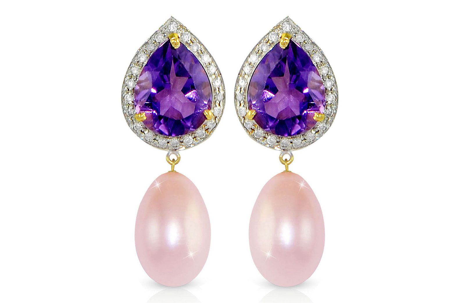 Vera Perla 18K Gold 0.24ct Diamonds, Amethyst and 13mm Purple Pearl Earrings